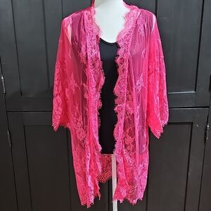Sheer Hot Pink Lace Kimono Cover-Up